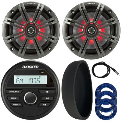 KICKER 46KMC2 Marine Bluetooth All-Weather AM/FM USB/AUX Gauge Style Media Center Receiver W/Black Cover, 2X 6.5 195W Max Power RGB LED Coaxial Speakers W/Charcoal Grille, Antenna, 3X Speaker Wire