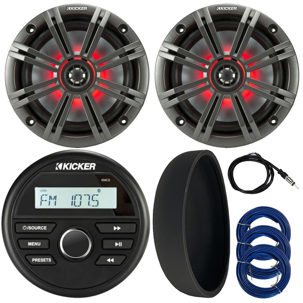 KICKER 46KMC2 Marine Bluetooth All-Weather AM/FM USB/AUX Gauge Style Media Center Receiver W/Black Cover, 2X 6.5 195W Max Power RGB LED Coaxial Speakers W/Charcoal Grille, Antenna, 3X Speaker Wire