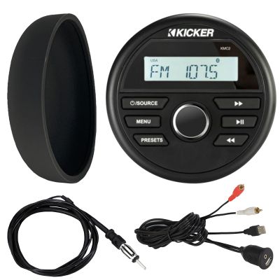 Kicker 46KMC2 Marine Bluetooth All-Weather AM/FM USB/AUX Gauge Style Media Center Receiver W/Black Cover, Bundle Combo with USB/AUX 3.5MM Interface Adapter, Black Flexible Hideaway 22" Radio Antenna