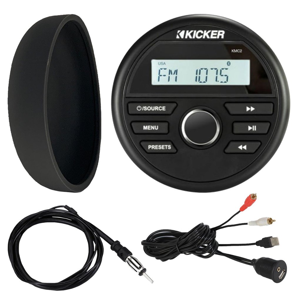 Kicker 46KMC2 Marine Bluetooth All-Weather AM/FM USB/AUX Gauge Style Media Center Receiver W/Black Cover, Bundle Combo with USB/AUX 3.5MM Interface Adapter, Black Flexible Hideaway 22" Radio Antenna
