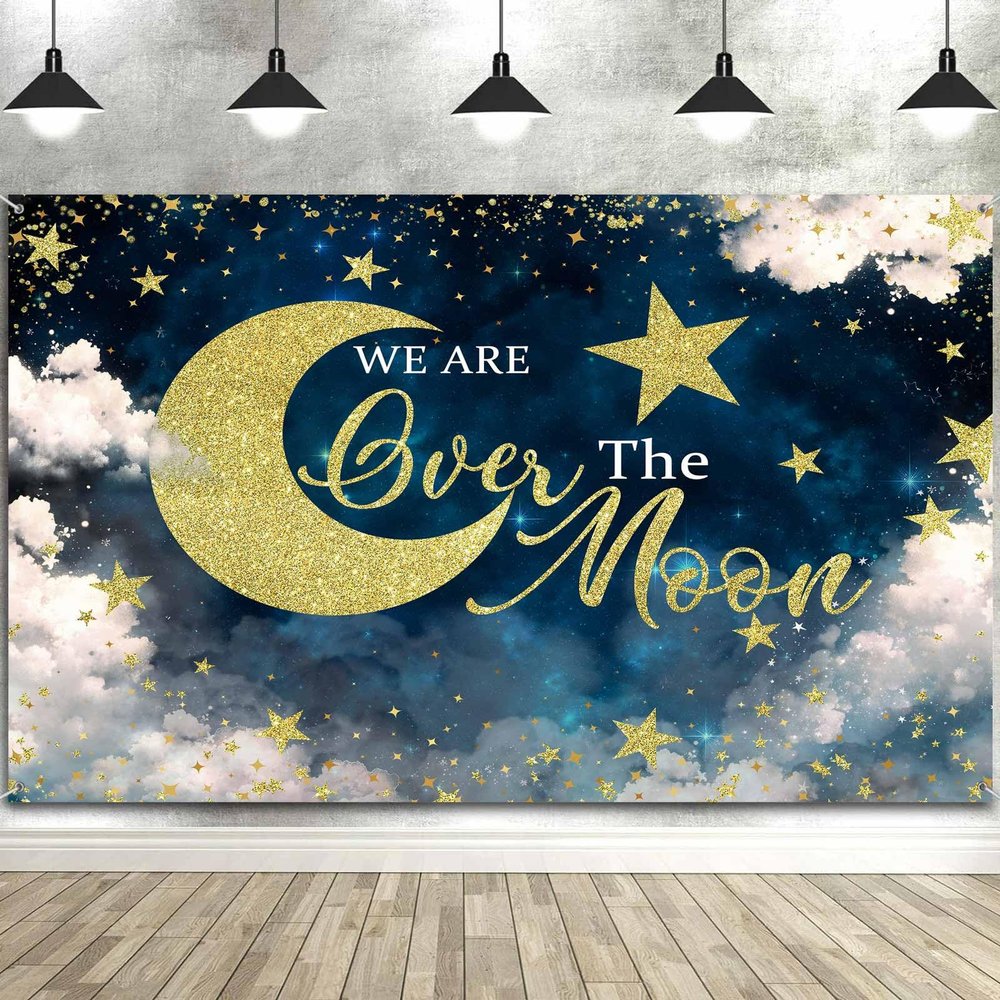 10X10ft We are Over The Moon Baby Shower Decorations Photo Backdrop Photography Background, Moon and Stars Starry Night Celestial Party Backdrops Photo Booth Prop Wall Decor Tablecloth