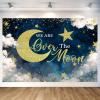 10X10ft We are Over The Moon Baby Shower Decorations Photo Backdrop Photography Background, Moon and Stars Starry Night Celestial Party Backdrops Photo Booth Prop Wall Decor Tablecloth view 3