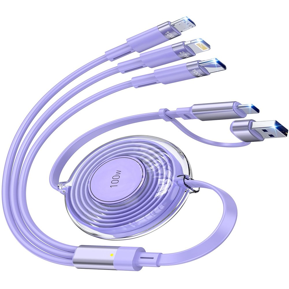 100W 6-in-1 Retractable Multi Charging Cable, USB C/Lightning/Micro Multi Charger Cord for iPhones, iPads, MacBook, Tablets, Galaxy, Note & More - 4Ft/1.2M 5A Fast Charging, Durable & Portable, Purple