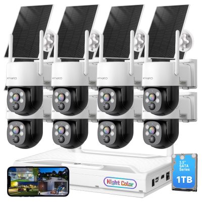 xmartO 0-Light Night Color Solar Security Camera System(8 Cameras), 2K HD Wireless PTZ, AI Tracking, WiFi6 Long Range, 10CH Expandable 4K NVR with 1TB HDD, HDMI Monitor, Mobile Access, 0 Monthly Fee