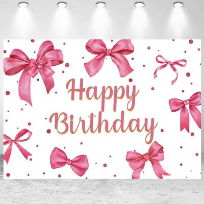 15x8ft Pink Bow Birthday Backdrop for Girls Women Pink Birthday Party Photography Background Bow Theme Happy Birthday Banner Decorations Portraits Photo Studio Props