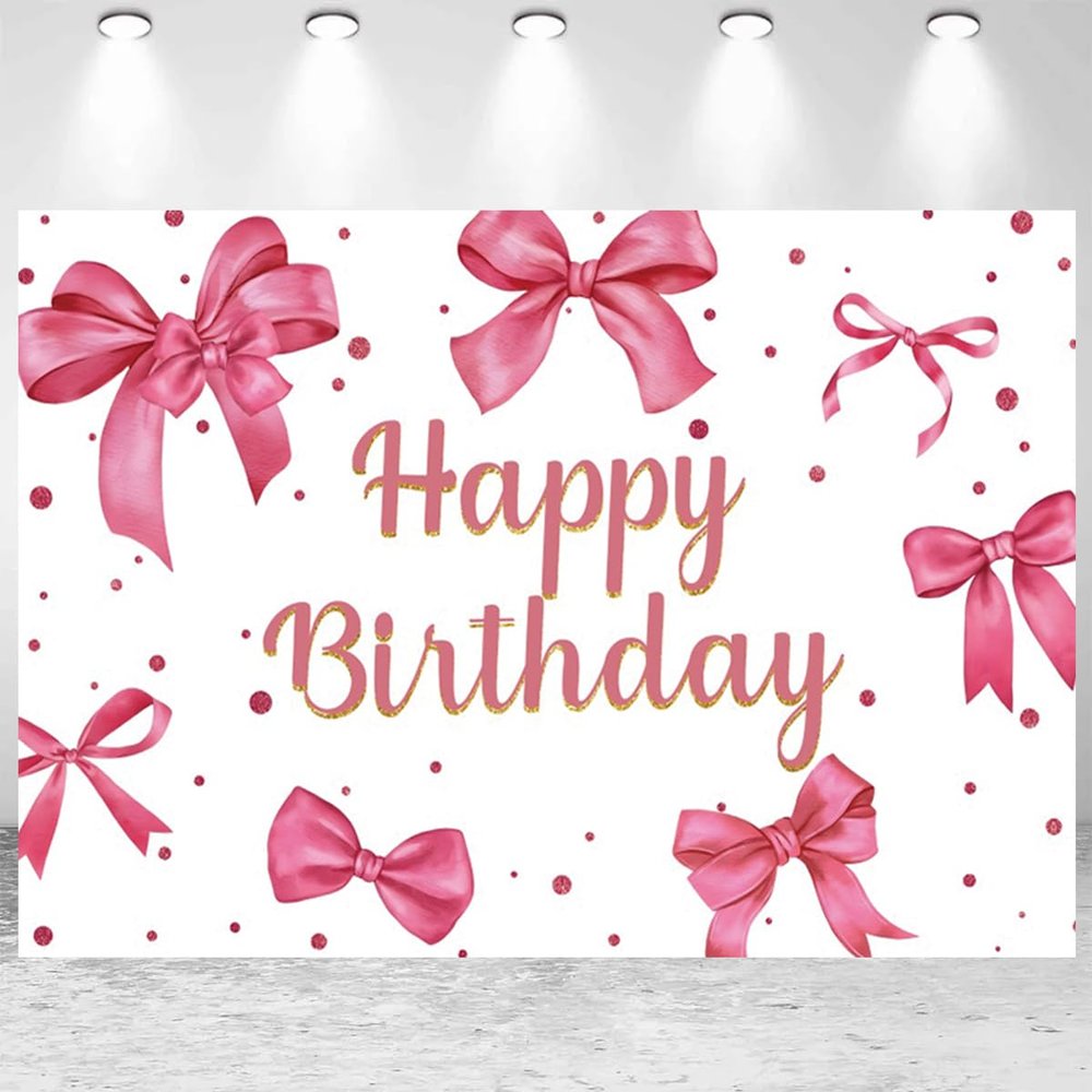 15x8ft Pink Bow Birthday Backdrop for Girls Women Pink Birthday Party Photography Background Bow Theme Happy Birthday Banner Decorations Portraits Photo Studio Props
