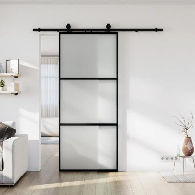 24 x 84 in Metal and Glass Sliding Barn Door with Installation Hardware Kit (Soft-Close Included)
