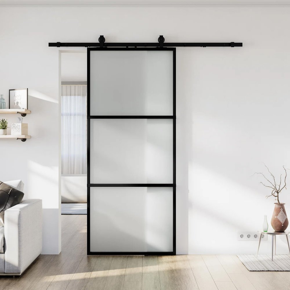 24 x 84 in Metal and Glass Sliding Barn Door with Installation Hardware Kit (Soft-Close Included)