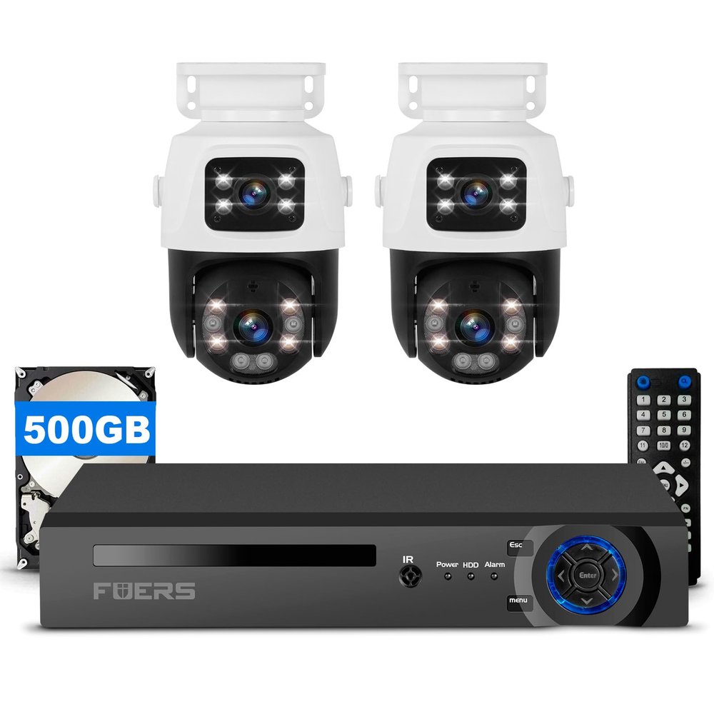 Fuers 4CH 4K Security Camera System, 2 pcs Wired PoE Dual Lens Cameras for Home Security Outdoors, 8MP 4 Channel NVR with 500G HDD for 24-7 Recording,Person Detection,Remote Access