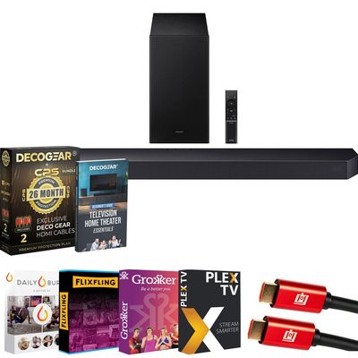 Samsung HW-Q600F 3.1.2ch Soundbar and Subwoofer Bundle with CPS Exclusive 26 Month Protection Pack, Premiere Movies Streaming, 2X HDMI Cable & Deco Gear Complete Home Theater Beginner's Guidebook
