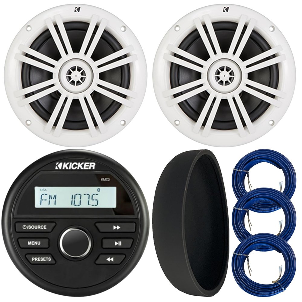 Kicker 46KMC2 Marine Bluetooth All-Weather AM/FM USB/AUX Gauge Style Media Center Receiver W/Black Cover, 2X 6.5 150 Watts Max Power Boat Coaxial White Speakers, 3X 20 Feet 16 Gauge Speaker Wire
