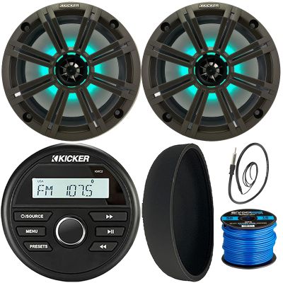 KICKER 46KMC2 Marine Bluetooth All-Weather AM/FM USB/AUX Gauge Style Media Center Receiver W/Black Cover, 2X 8 300W Max Power RGB LED Boat Speakers W/Charcoal Grille, 22" Radio Antenna, Speaker Wire
