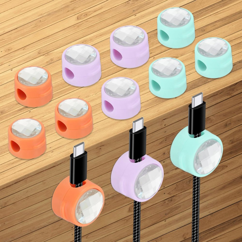 PATIKIL Cable Organizer Holder, 12Pcs Magnetic Spring Desk Cable Management Clips Adhesive Cord Keepers for Office Desktop Wall, Orange/Blue/Purple