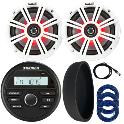 KICKER 46KMC2 Marine Bluetooth All-Weather AM/FM USB/AUX Gauge Style Media Center Receiver W/Black Cover, 2X 6.5 195W Max Power RGB LED Coaxial Speakers W/White Grille, Antenna, 3X Speaker Wire