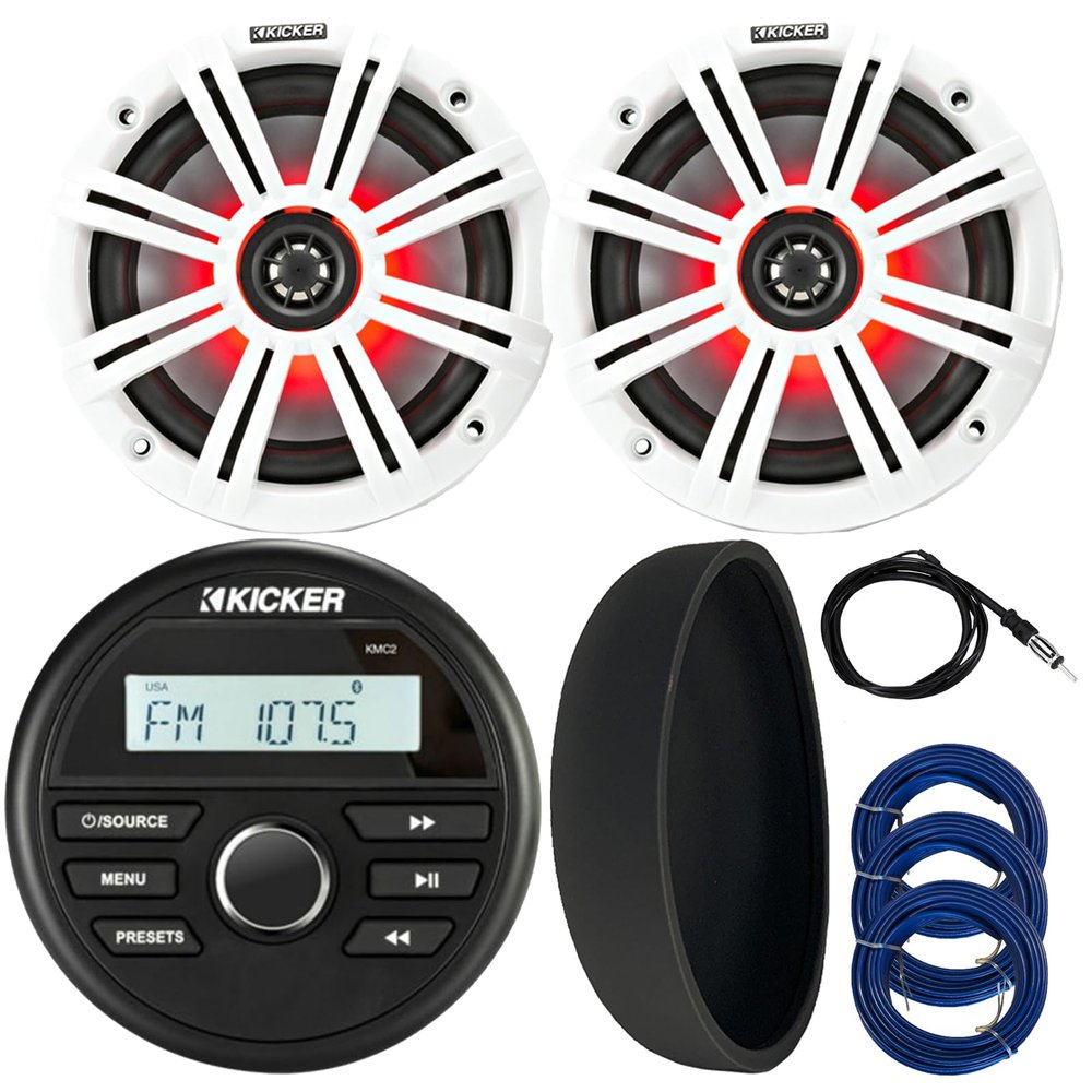 KICKER 46KMC2 Marine Bluetooth All-Weather AM/FM USB/AUX Gauge Style Media Center Receiver W/Black Cover, 2X 6.5 195W Max Power RGB LED Coaxial Speakers W/White Grille, Antenna, 3X Speaker Wire