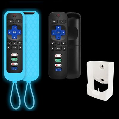(2+1+1 Pack) Replacement Remote Fit Roku TV No Setup with Blue Soft Protective Silicone Cover & Mount Holder Compatible with TCL/Hisense/Onn/Sharp/Element/Philips Roku Smart TV