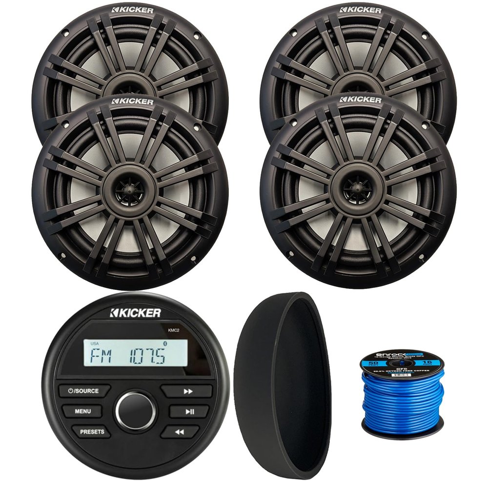 Kicker 46KMC2 Marine Bluetooth All-Weather AM/FM USB/AUX Gauge Style Media Center Receiver W/Black Cover, 4X 6.5 150 Watt Max Power 2-Way Black Boat Audio Speakers, 50 Feet 16 Gauge Speaker Wire