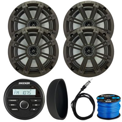 KICKER 46KMC2 Marine Bluetooth All-Weather AM/FM USB/AUX Gauge Style Media Center Receiver W/Black Cover, 4X 6.5 195 Watt Max Power Coaxial Speakers W/Grilles, Radio Antenna, 50 Feet 16G Speaker Wire