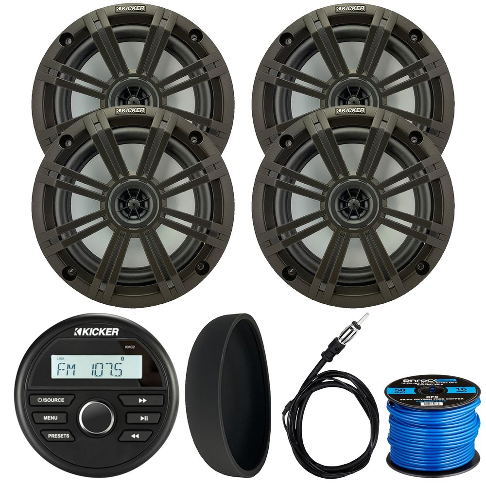 KICKER 46KMC2 Marine Bluetooth All-Weather AM/FM USB/AUX Gauge Style Media Center Receiver W/Black Cover, 4X 6.5 195 Watt Max Power Coaxial Speakers W/Grilles, Radio Antenna, 50 Feet 16G Speaker Wire