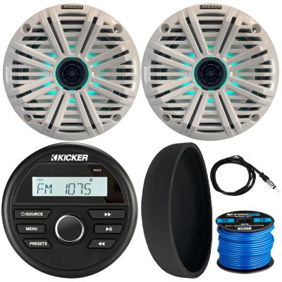KICKER 46KMC2 Marine Bluetooth All-Weather AM/FM USB/AUX Gauge Style Media Center Receiver W/Black Cover, 2X 6.5 195W Max Power RGB LED Coaxial Speakers W/White Grille, Radio Antenna, Speaker Wire
