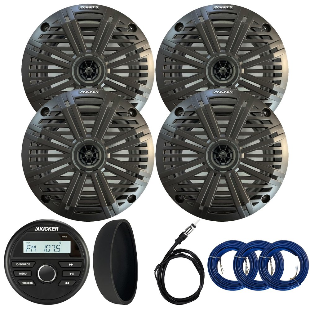 KICKER 46KMC2 Marine Bluetooth All-Weather AM/FM USB/AUX Gauge Style Media Center Receiver W/Black Cover, 4X 6.5 195W Max Power Coaxial Speakers W/Charcoal Grille, Radio Antenna, 3X Speaker Wire