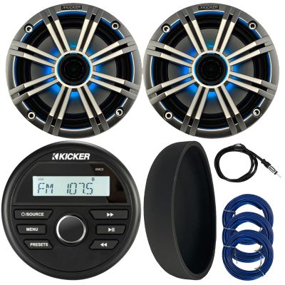 KICKER 46KMC2 Marine Bluetooth All-Weather AM/FM USB/AUX Gauge Style Media Center Receiver W/Black Cover, 2X 6.5 195W Max Power RGB LED Coaxial Speakers W/Silver Grille, Antenna, 3X Speaker Wire