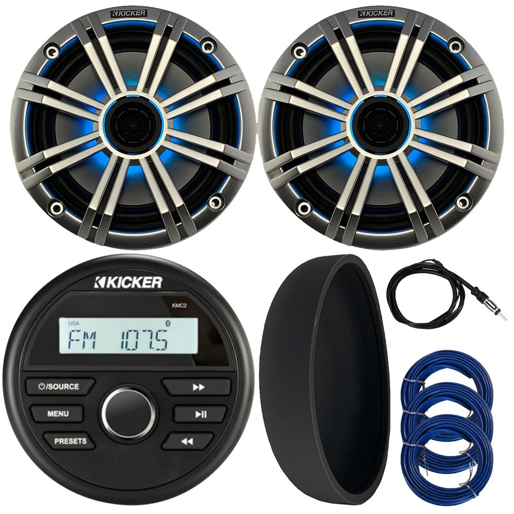 KICKER 46KMC2 Marine Bluetooth All-Weather AM/FM USB/AUX Gauge Style Media Center Receiver W/Black Cover, 2X 6.5 195W Max Power RGB LED Coaxial Speakers W/Silver Grille, Antenna, 3X Speaker Wire