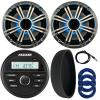 KICKER 46KMC2 Marine Bluetooth All-Weather AM/FM USB/AUX Gauge Style Media Center Receiver W/Black Cover, 2X 6.5 195W Max Power RGB LED Coaxial Speakers W/Silver Grille, Antenna, 3X Speaker Wire view 1