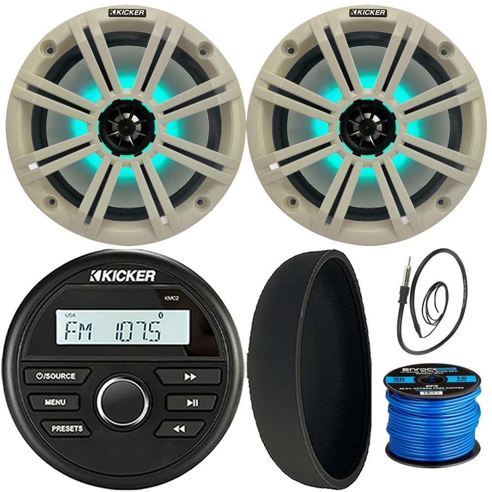 KICKER 46KMC2 Marine Bluetooth All-Weather AM/FM USB/AUX Gauge Style Media Center Receiver W/Black Cover, 2X 8 300W Max Power RGB LED Boat Speakers W/White Grille, 22" Radio Antenna, Speaker Wire