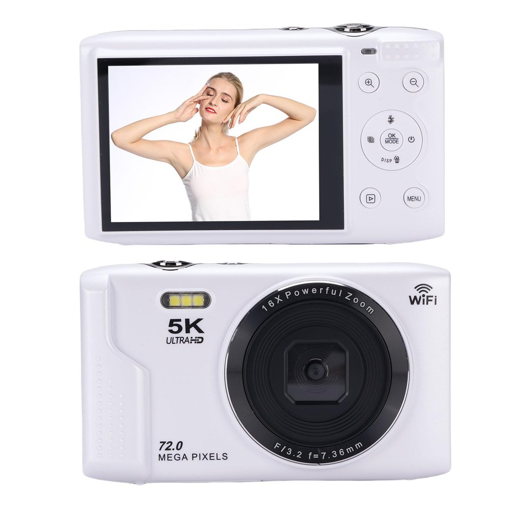 5K Digital Camera for Photography, 16X Zoom WiFi Camera Autofocus with 2.8 Inch LCD Screen, 72MP Portable Video Camcorder with Flash Light for Travel (White)