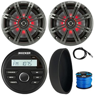 Kicker 46KMC2 Marine Bluetooth All-Weather AM/FM USB/AUX Gauge Style Media Center Receiver W/Black Cover, 2X 6.5 195W Max Power RGB LED Coaxial Speakers W/Grille, 22" Antenna, 50 Feet Speaker Wire