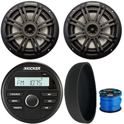 KICKER 46KMC2 Marine Bluetooth All-Weather AM/FM USB/AUX Gauge Style Media Center Receiver W/Black Cover, 2X 6.5 150W Max Power 2-Way Black Boat Audio Speakers, 50 Feet 16 Gauge Speaker Wire