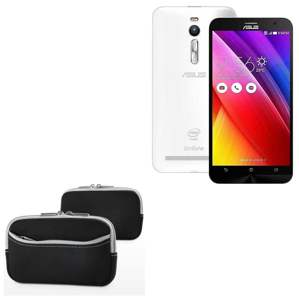 BoxWave Case Compatible with ASUS Zenfone 2E - SoftSuit with Pocket, Soft Pouch Neoprene Cover Sleeve Zipper Pocket - Jet Black with Grey Trim