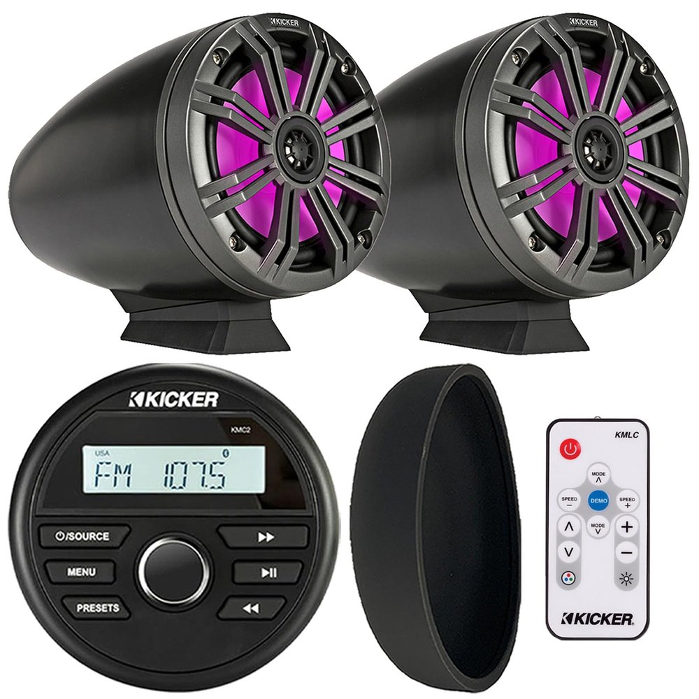 Kicker 46KMC2 Marine Bluetooth All-Weather AM/FM USB/AUX Gauge Style Media Center Receiver W/Black Cover, 2X 6.5 195W Max Power RGB LED Black Tower Boat Speakers w/Charcoal Grilles, LED Controller