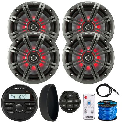 KICKER 46KMC2 Marine Bluetooth All-Weather AM/FM USB/AUX Gauge Style Media Center Receiver W/Black Cover, Remote Control, 4X 6.5 195W Max RGB LED Speaker W/Charcoal Grille, Controller, Antenna, Wire