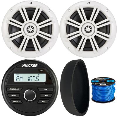 KICKER 46KMC2 Marine Bluetooth All-Weather AM/FM USB/AUX Gauge Style Media Center Receiver W/Black Cover, 2X 6.5 150 Watts Max Power 2-Way Boat Coaxial White Speakers, 50 Feet 16 Gauge Speaker Wire