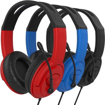 Bulk 96-Pack Headphones with Boom Microphone Wired Over-Ear Headset with 3.5mm Plug for Classroom, School, Remote Learning, Office Use Durable, Adjustable Black, Red, Blue