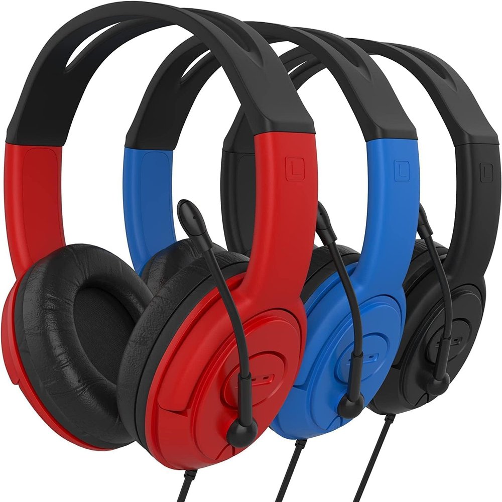 Bulk 96-Pack Headphones with Boom Microphone Wired Over-Ear Headset with 3.5mm Plug for Classroom, School, Remote Learning, Office Use Durable, Adjustable Black, Red, Blue