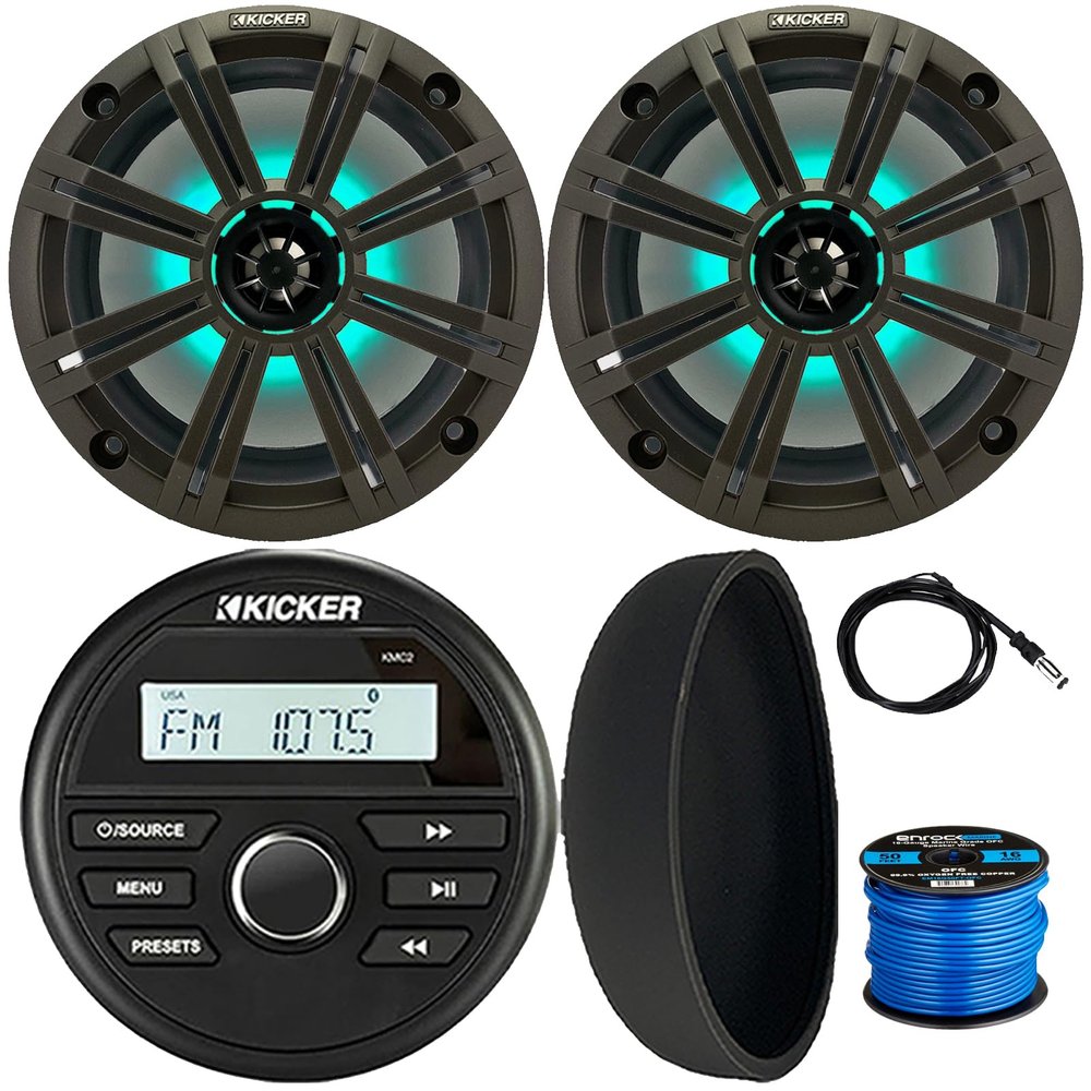 Kicker 46KMC2 Marine Bluetooth All-Weather AM/FM USB/AUX Gauge Style Media Center Receiver W/Black Cover, 2X 8 300W Max Power RGB LED Boat Speakers W/Grille, 22" Antenna, 50 Feet 16G Speaker Wire
