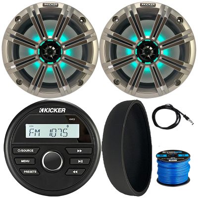 Kicker 46KMC2 Marine Bluetooth All-Weather AM/FM USB/AUX Gauge Style Media Center Receiver W/Black Cover, 2X 8 300W Peak Power RGB LED Boat Speakers W/Grille, 22" Antenna, 50 Feet 16G Speaker Wire