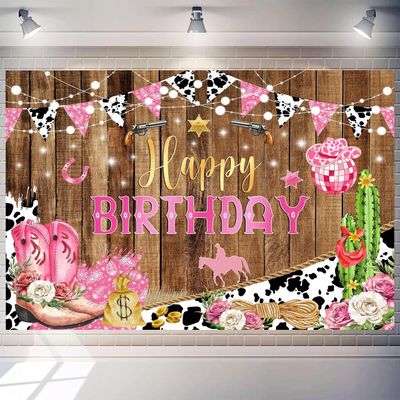 10 x 8 ft Western Cowgirl Birthday Backdrop Pink Wild West Women Happy Birthday Background Rustic Wood Board Party Decorations Banner Baby Shower Gender Reveal Photography Props Supplies