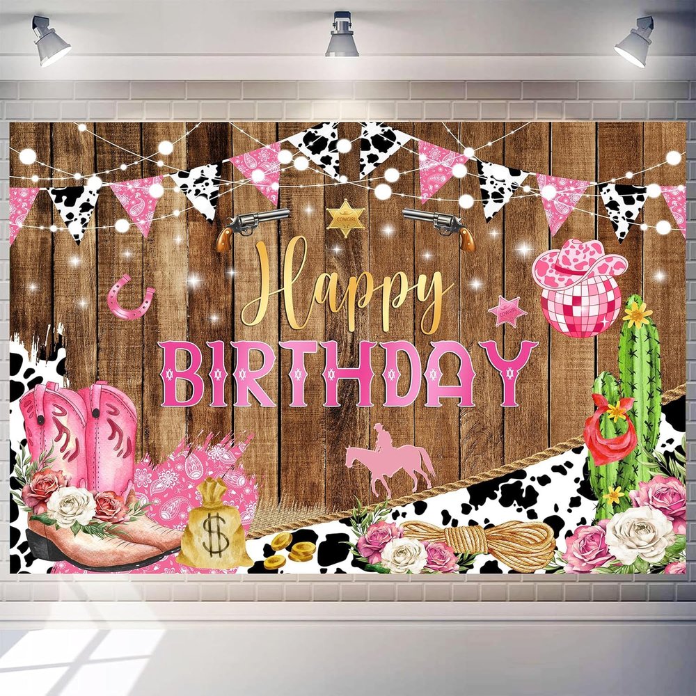 10 x 8 ft Western Cowgirl Birthday Backdrop Pink Wild West Women Happy Birthday Background Rustic Wood Board Party Decorations Banner Baby Shower Gender Reveal Photography Props Supplies