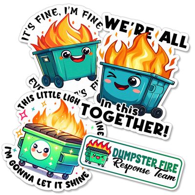 (4Pcs) Dumpster Fire Vinyl Sticker Pack, 3 Inch Waterproof Decals, Funny Designs for Laptops and Water Bottles