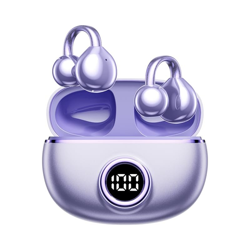 Clip-On Open-Ear Wireless Bluetooth 5.4 Earbuds & Bone Conduction Headphones - Noise Cancelling Mic, Waterproof, Ergonomic Design for Small Ears, Glasses Wearers, Running, Sports & Workouts (Purple)