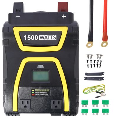 1500W Power Inverter 12V to 115V AC, 3000W Peak Modified Sine Wave with LCD Display, for RV Camping & Trucks, 3 AC Outlets + 2 USB + Type C, Overload Protection