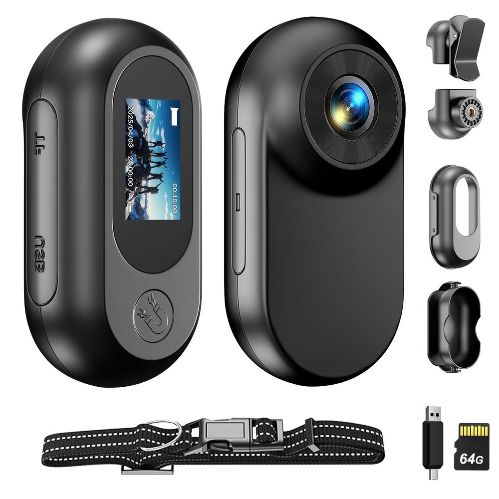 Mini Body Camera 64GB 1080P Tiny Cam Portable Thumb Action Camera Wearable Hands-Free POV Portable Video Recorder with Two Pets Collars Mount and Bicycle Mount Bracket for Cycling Pet Vlogging