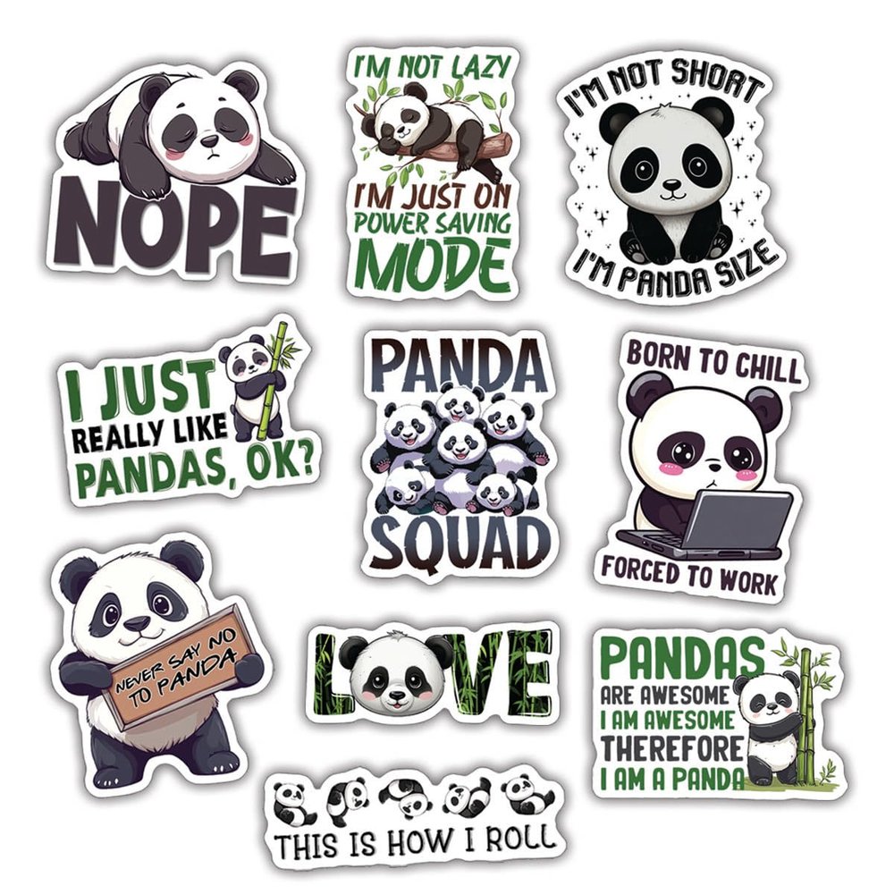 10pcs Panda Sticker Sheet, Cute and Lovely Vinyl Decals for Animal Lovers, and Kawaii Fans, Waterproof, UV-Resistant, for Laptop, Water Bottle, Journal, Notebook, Lunchbox, Phone Case