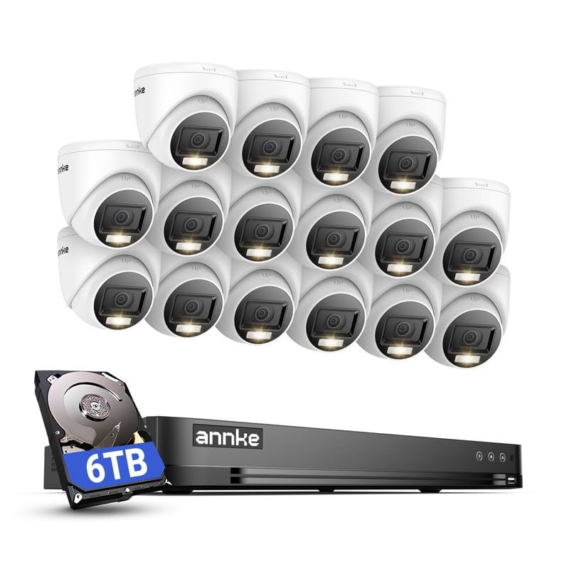 ANNKE 1080P Security Camera System, 16CH 4K DVR with AI Motion Detection, 16x 2MP (19201080) Add-on Wired White Turret Cams with Smart Color Night Vision, IP67, Compatible with Alexa, 6TB HDD