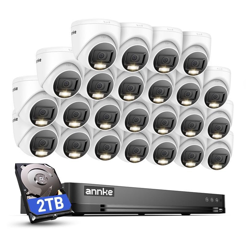 ANNKE 1080P Security Camera System, 32CH 3K Lite DVR Recorder with AI Motion Detection, 24x 2MP (19201080) Add-on Wired White Turret Cams with Smart Color Night Vision, 3.6mm Lens, 2TB Hard Drive