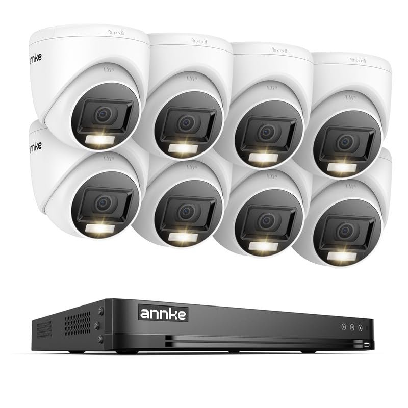 ANNKE 1080P Security Camera System, 16CH 4K DVR with AI Motion Detection, 8X 2MP (19201080) Add-on Wired White Turret Cams with Smart Color Night Vision, IP67, Compatible with Alexa, No HDD